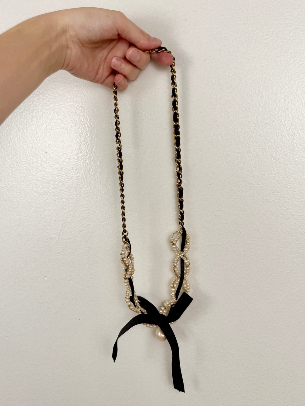 Kate Spade Faux Pearl-Embellished Black Ribbon Gold Chain Necklace